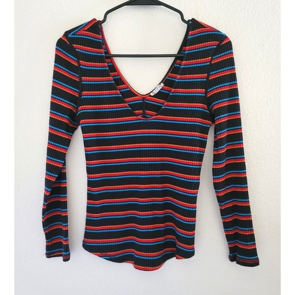 Free People Tops - Free People Striped Drop V Neck Ribbed Long Sleeve Size S